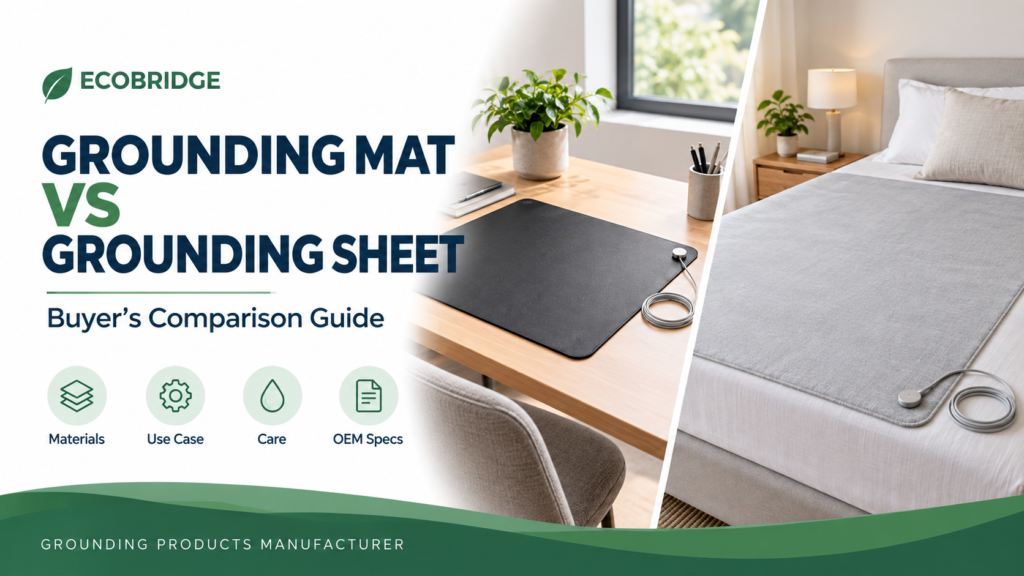 ECOBRIDGE grounding mat vs grounding sheet buyer comparison guide, showing a dark desk mat and gray bed sheet