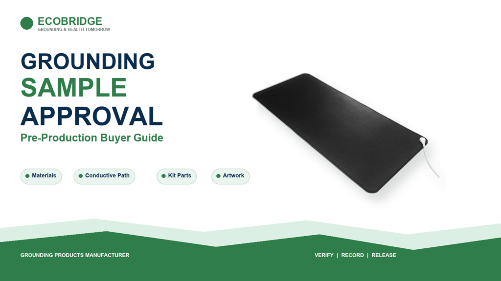 Authentic ECOBRIDGE black PU grounding mat used in a grounding product sample approval guide cover