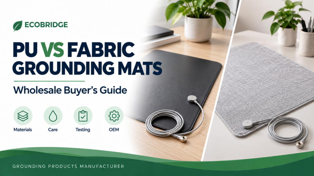 ECOBRIDGE comparison of a smooth dark PU grounding mat and a light-gray conductive fabric grounding mat