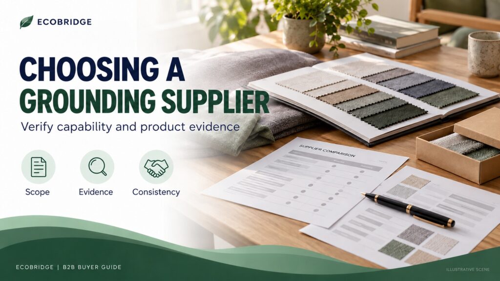 Illustrative supplier review with fabric sample book, comparison sheets and sample box
